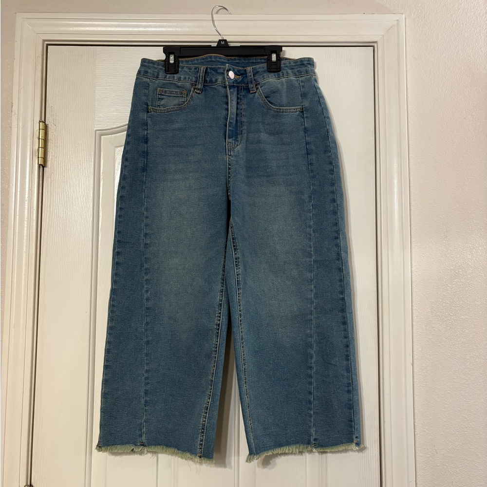 Classic High Waist Blue Denim Cropped Jeans